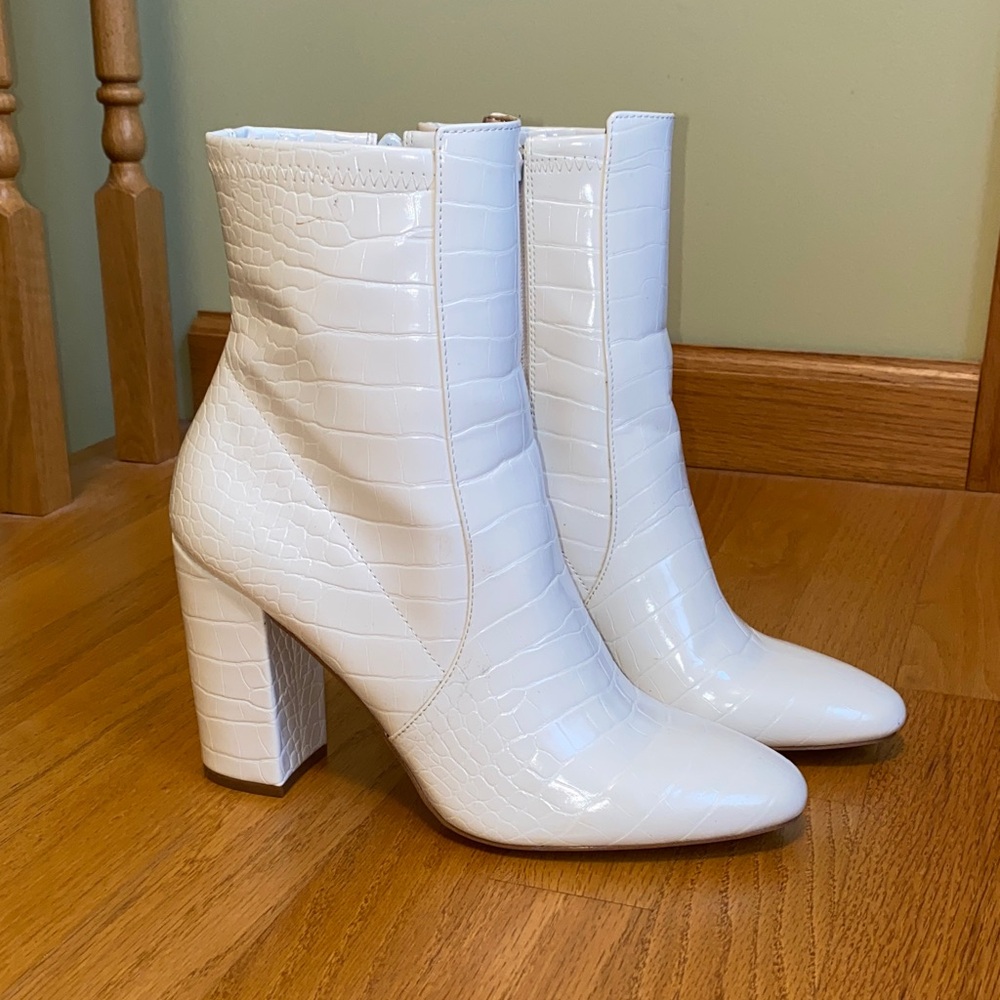 Aldo White Textured Heeled Boots